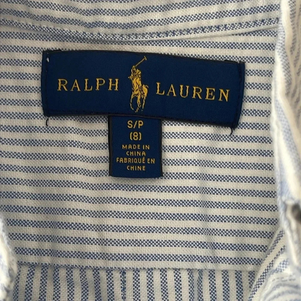 Ralph Lauren Boys Blue White Striped Button-Down Shirt with Green Embroidery - Picture 3 of 7